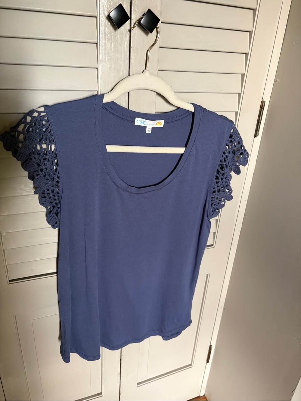 C&C California Navy Crochet Cap Sleeve Scoop Neck Tee